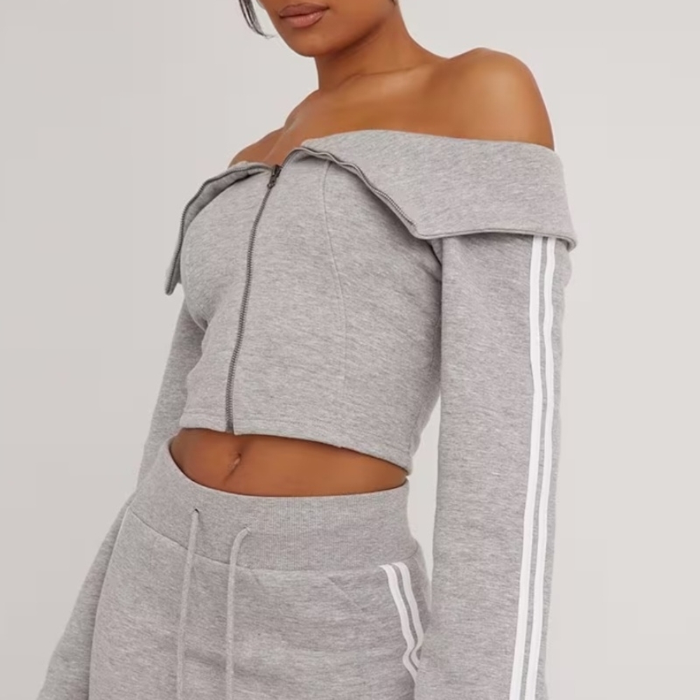 Ego Official Gray Off-Shoulder Zip-Up Top and Skirt Top Us Size 8 Skort Us 6